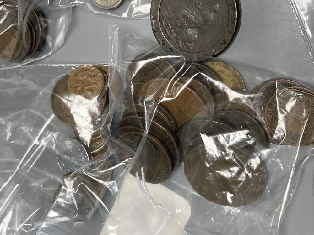 Russia, Catherine the Great, five Kopeks x 2, 1790 and 1791 VF, two 1797 cartwheel twopence coins and a collection of World coinage